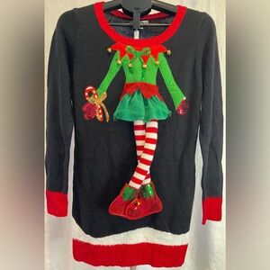 Kela Women’s Ugly Xmas 3D Elf Legs Sweater Black W/ Multi/Color Small NWT